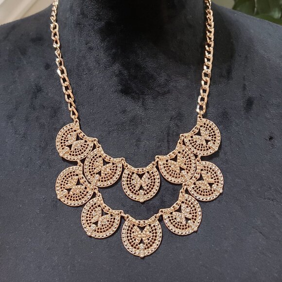 INC Women's Gold Tone Rhinestone Statement Dangle Bib Necklace - Picture 1 of 7